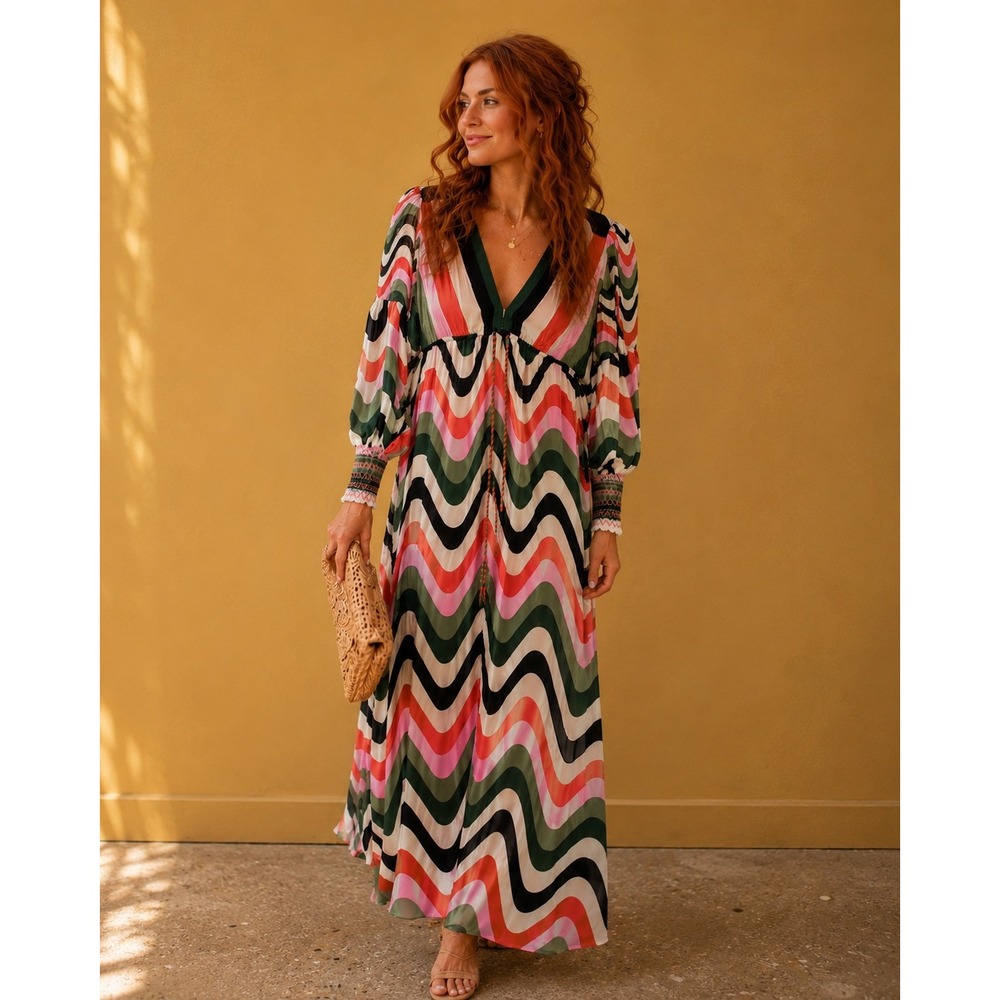 FARM Rio Wave Maxi Dress Pink Green V-Neck Balloon Sleeve Smocked Cuff S